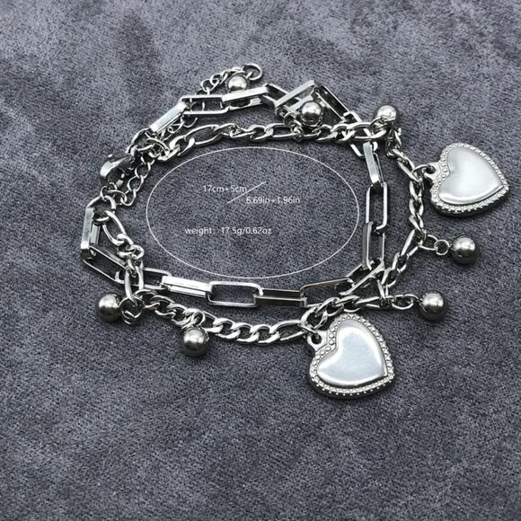 1pc Stylish Double Layered Love Heart Bracelet with Link Chain - Picture 3 of 3